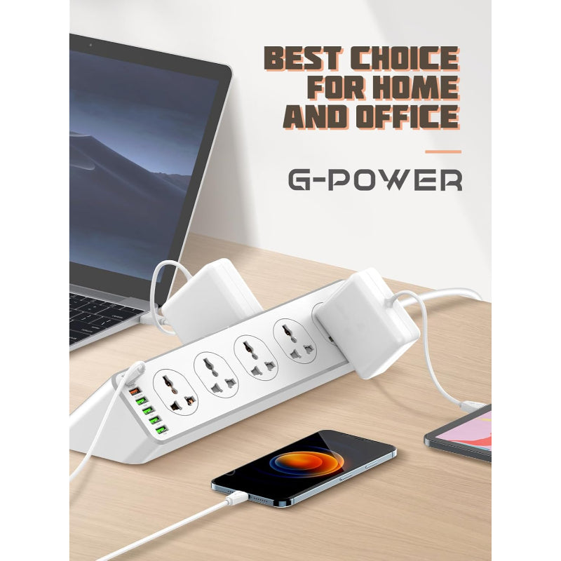 مقبس طاقة G-Power SC10610 بعشرة منافذ مع خمسة منافذ USB-A ومنفذ USB-C واحد بقوة 32 وات لأداء أفضل بطول 200 سم - أبيض