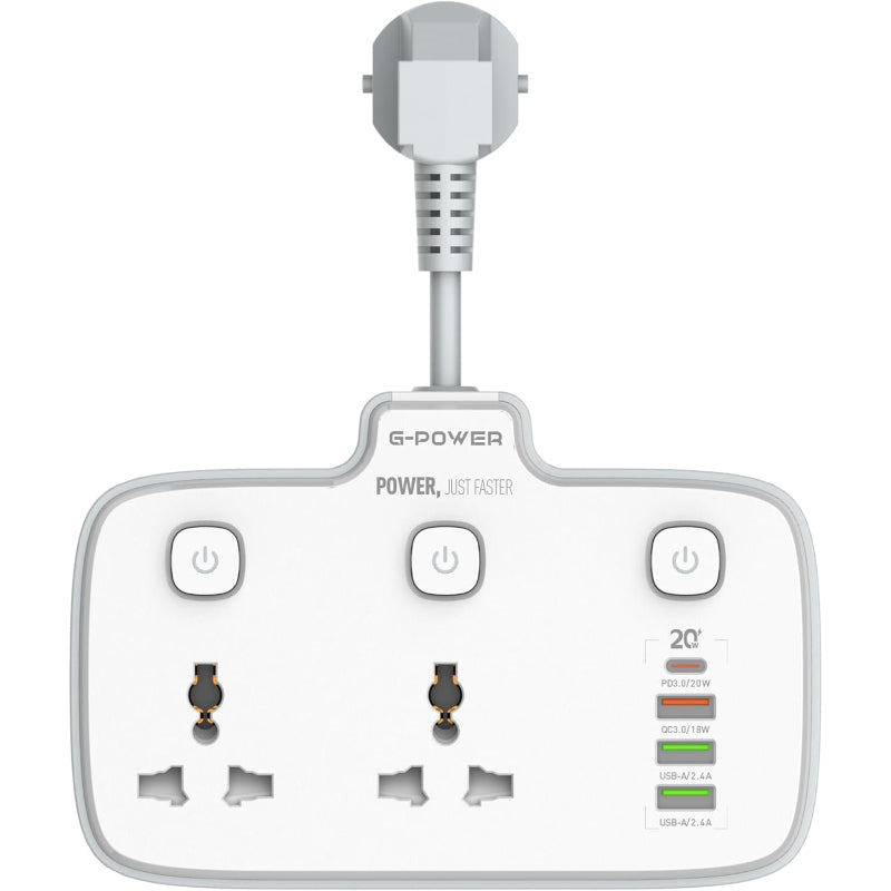 G-Power SC2413 Universal Outlets Power Strip Tower 2 Outlet Wall Electric with 1 PD 20W ,1 QC3.0 18W And 2 Auto ID Ports 12W