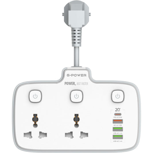 G-Power SC2413 Universal Outlets Power Strip Tower 2 Outlet Wall Electric with 1 PD 20W ,1 QC3.0 18W And 2 Auto ID Ports 12W