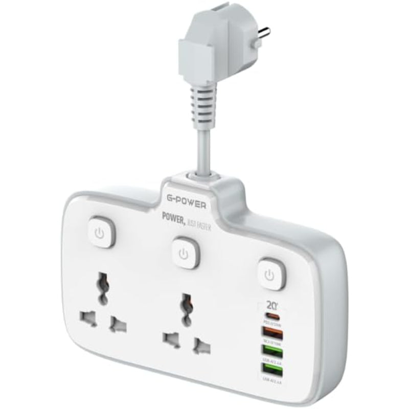 G-Power SC2413 Universal Outlets Power Strip Tower 2 Outlet Wall Electric with 1 PD 20W ,1 QC3.0 18W And 2 Auto ID Ports 12W