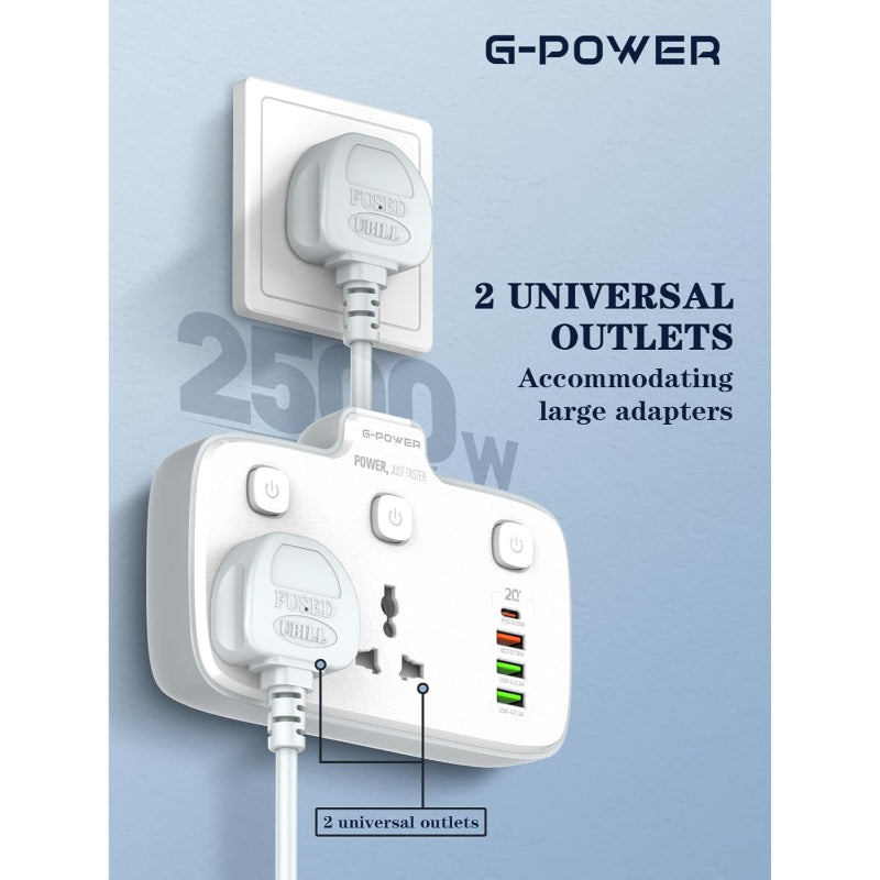 G-Power SC2413 Universal Outlets Power Strip Tower 2 Outlet Wall Electric with 1 PD 20W ,1 QC3.0 18W And 2 Auto ID Ports 12W