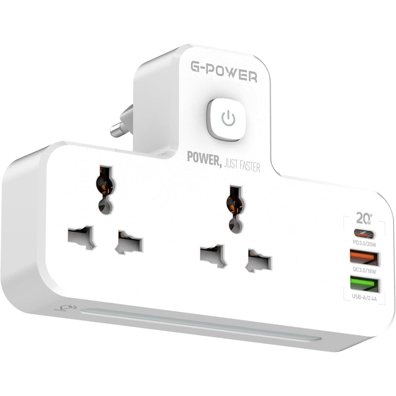 G-Power SC2311 Power Extension Socket Double Plug Adaptor with Touch Control Nightlight With 1 PD 20W ,1 QC3.0 18W And  Auto ID Port 12W - White