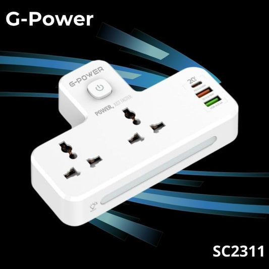 G-Power SC2311 Power Extension Socket Double Plug Adaptor with Touch Control Nightlight With 1 PD 20W,1 QC3.0 18W And Auto ID Port 12W - White