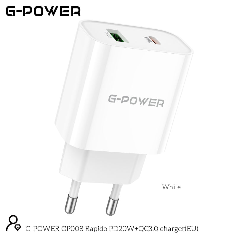 شاحن G-Power GP008 Rapido EU صغير الحجم وسريع مزدوج بمخرج 20 وات من النوع C ومخرج 18 وات من USB-A متوافق مع الهواتف الشائعة 110:240 فولت - أبيض