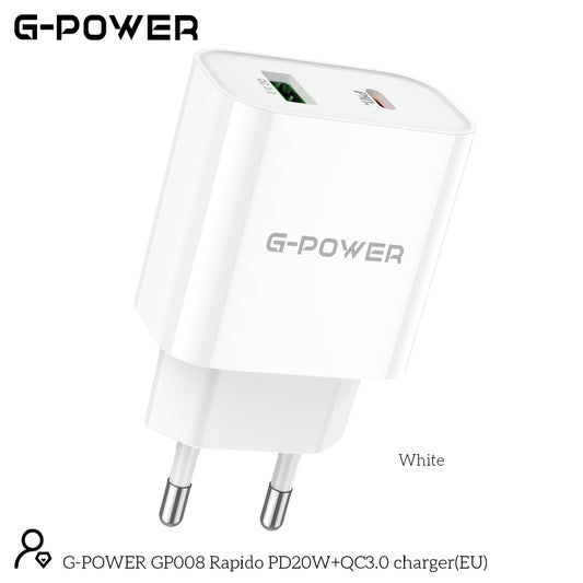 شاحن G-Power GP008 Rapido EU صغير الحجم وسريع مزدوج بمخرج 20 وات من النوع C ومخرج 18 وات من USB-A متوافق مع الهواتف الشائعة 110:240 فولت - أبيض