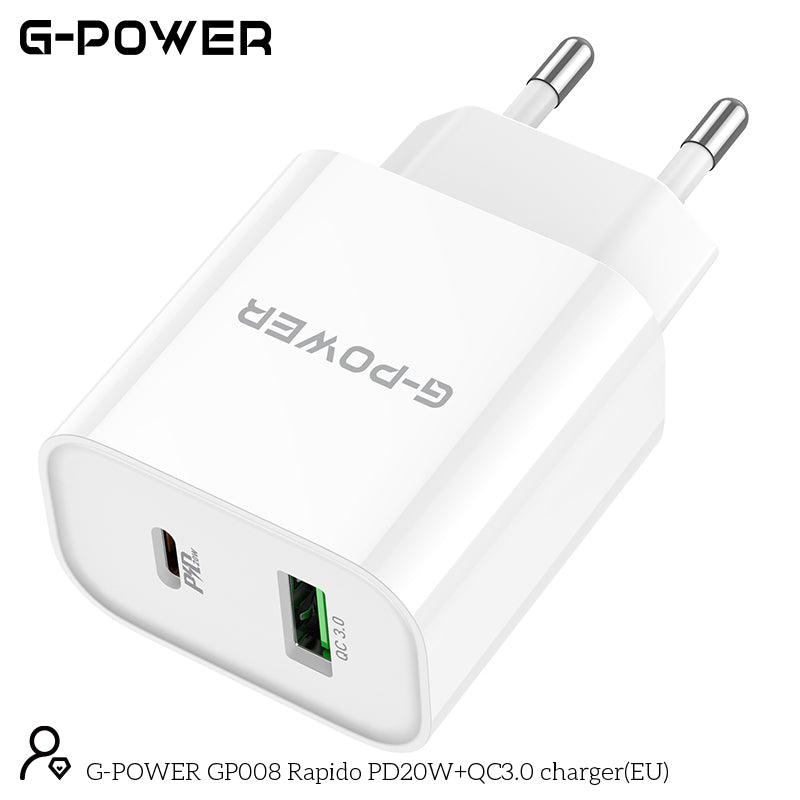 شاحن G-Power GP008 Rapido EU صغير الحجم وسريع مزدوج بمخرج 20 وات من النوع C ومخرج 18 وات من USB-A متوافق مع الهواتف الشائعة 110:240 فولت - أبيض