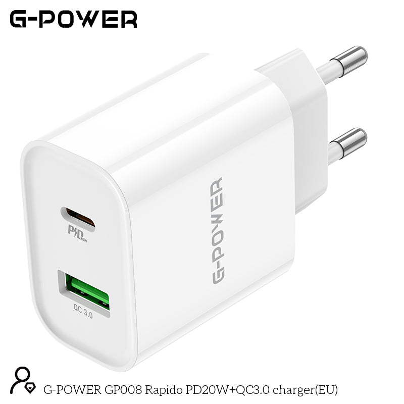 شاحن G-Power GP008 Rapido EU صغير الحجم وسريع مزدوج بمخرج 20 وات من النوع C ومخرج 18 وات من USB-A متوافق مع الهواتف الشائعة 110:240 فولت - أبيض