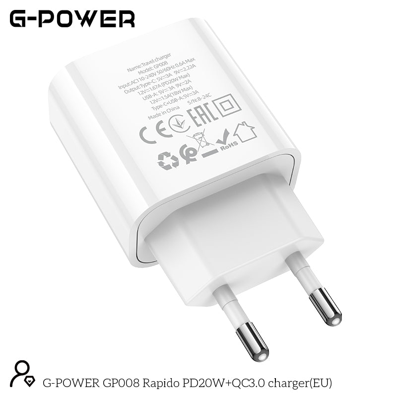 شاحن G-Power GP008 Rapido EU صغير الحجم وسريع مزدوج بمخرج 20 وات من النوع C ومخرج 18 وات من USB-A متوافق مع الهواتف الشائعة 110:240 فولت - أبيض