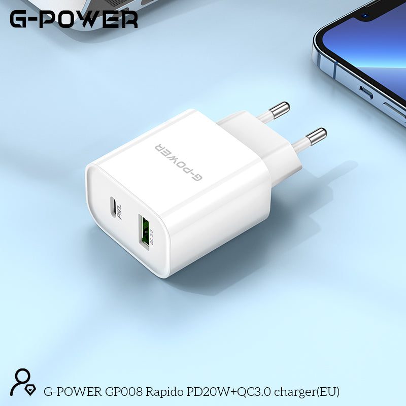 شاحن G-Power GP008 Rapido EU صغير الحجم وسريع مزدوج بمخرج 20 وات من النوع C ومخرج 18 وات من USB-A متوافق مع الهواتف الشائعة 110:240 فولت - أبيض