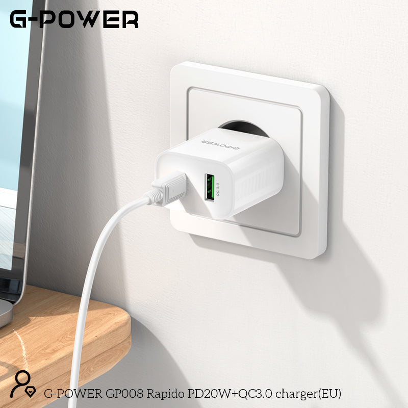 شاحن G-Power GP008 Rapido EU صغير الحجم وسريع مزدوج بمخرج 20 وات من النوع C ومخرج 18 وات من USB-A متوافق مع الهواتف الشائعة 110:240 فولت - أبيض