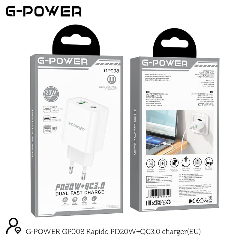 شاحن G-Power GP008 Rapido EU صغير الحجم وسريع مزدوج بمخرج 20 وات من النوع C ومخرج 18 وات من USB-A متوافق مع الهواتف الشائعة 110:240 فولت - أبيض