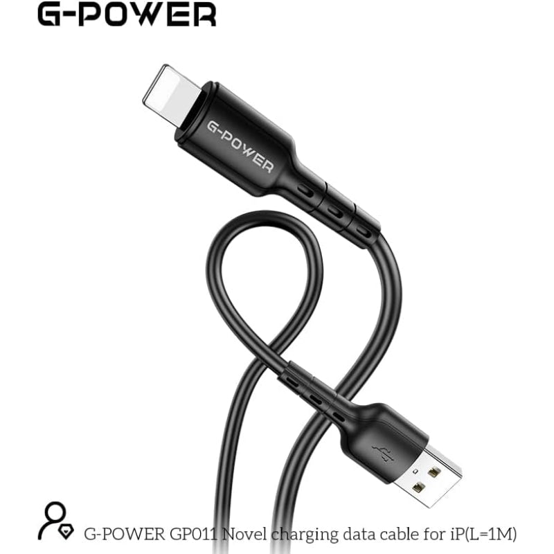 كابل شحن بيانات USB إلى Lightning من G-Power GP011 الجديد مع نقل فعال وتصميم ذكي لأجهزة متعددة بطول 1 متر وإخراج أقصى 2.4 أمبير - أسود