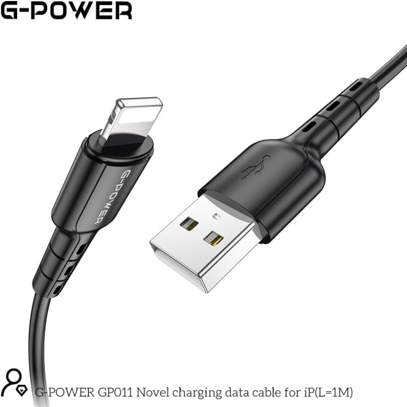 G-Power GP011 Novel USB To Lightning Charging Data Cable With Efficient Transfer And Smart Design For Multi Device 1 Meter Length 2.4 A Max Output - Black