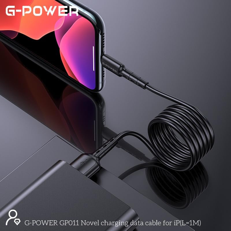 G-Power GP011 Novel USB To Lightning Charging Data Cable With Efficient Transfer And Smart Design For Multi Device 1 Meter Length 2.4 A Max Output - Black