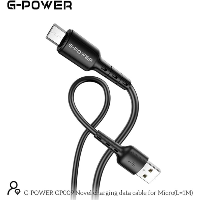 كابل شحن USB إلى Micro جديد من G-Power GP009 مع نقل فعال وتصميم ذكي لأجهزة متعددة بطول 1 متر وإخراج أقصى 2.4 أمبير - أسود