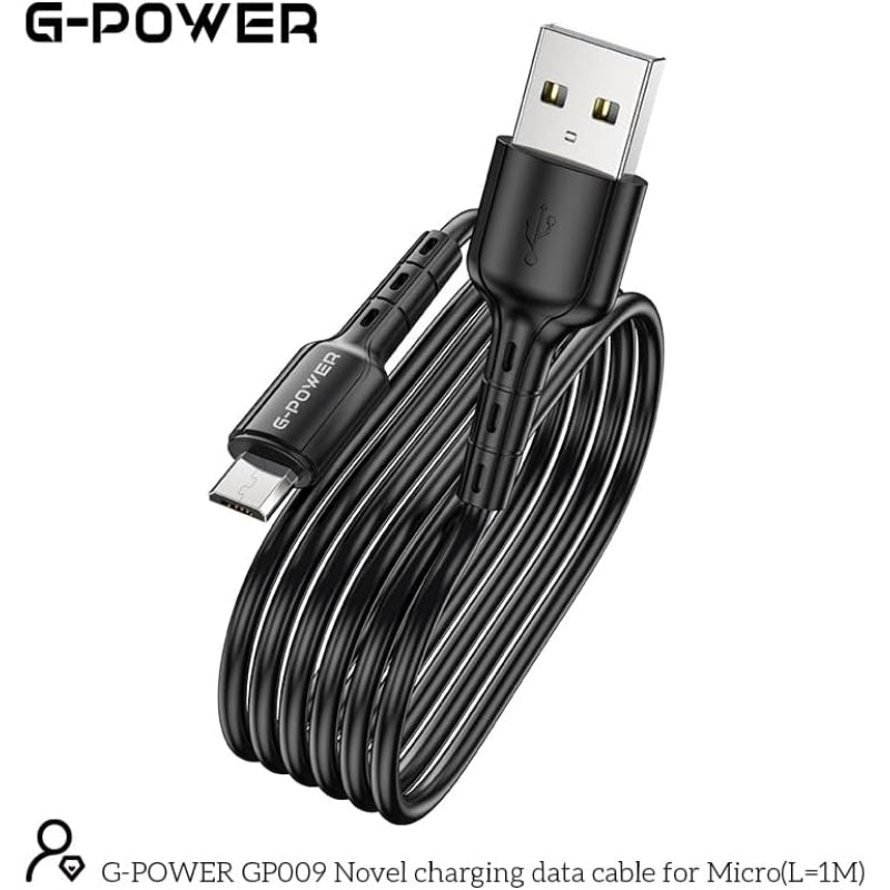 كابل شحن USB إلى Micro جديد من G-Power GP009 مع نقل فعال وتصميم ذكي لأجهزة متعددة بطول 1 متر وإخراج أقصى 2.4 أمبير - أسود