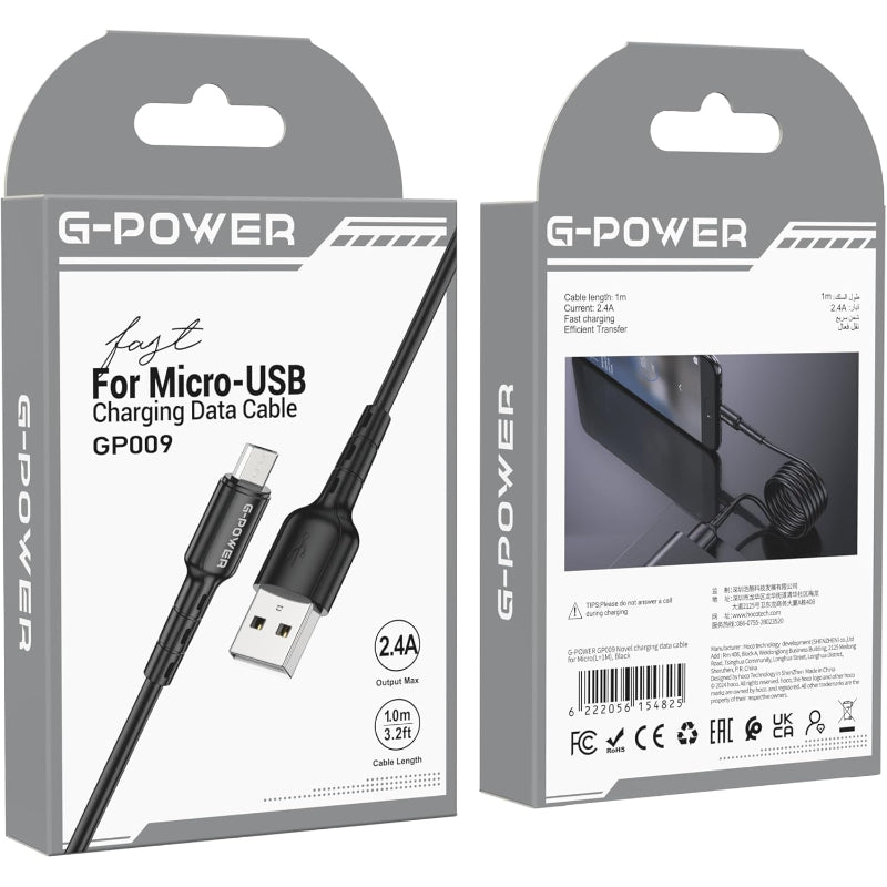 كابل شحن USB إلى Micro جديد من G-Power GP009 مع نقل فعال وتصميم ذكي لأجهزة متعددة بطول 1 متر وإخراج أقصى 2.4 أمبير - أسود