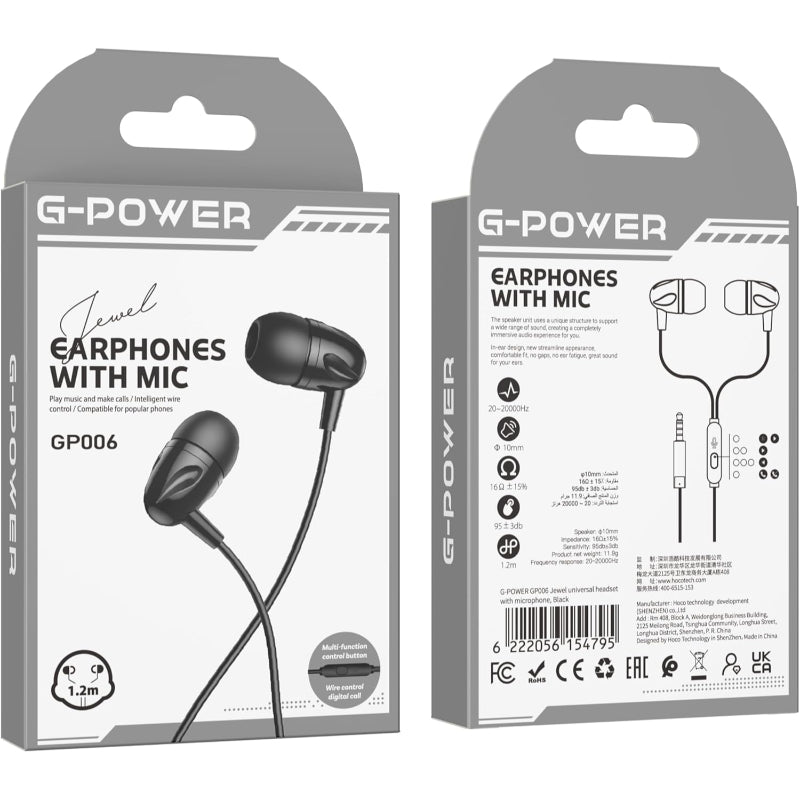 G-Power GP006 Jewel Universal Headset With Microphone And Multi Function Control Button Amazing To Play Music And Make Calls Compatible For Popular Phones 1.2 M - Black