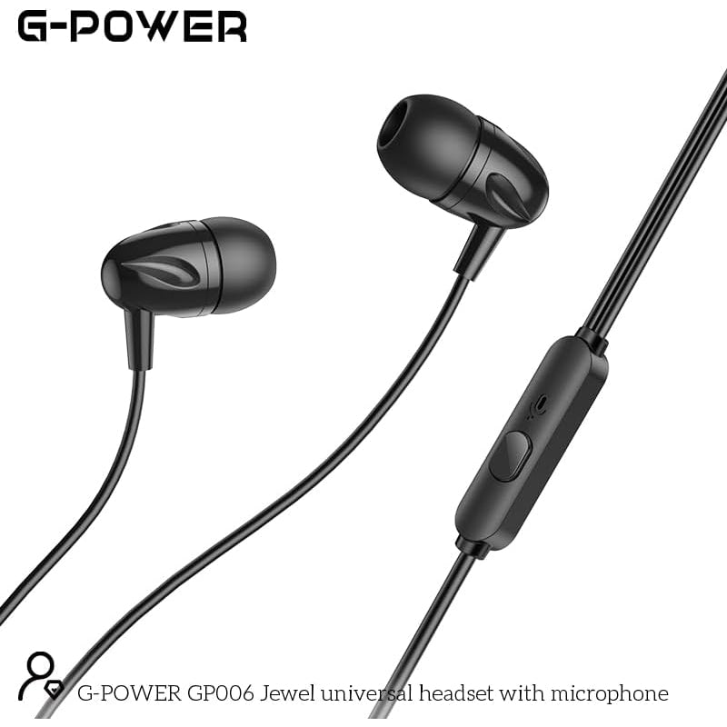 G-Power GP006 Jewel Universal Headset With Microphone And Multi Function Control Button Amazing To Play Music And Make Calls Compatible For Popular Phones 1.2 M - Black