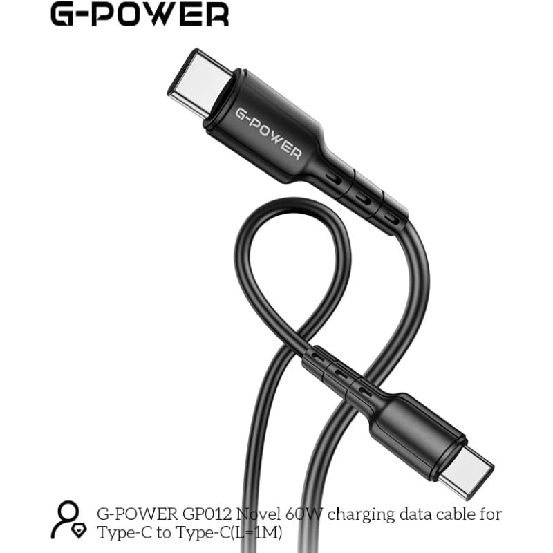 G-Power GP012 Novel USB-C To USB-C Charging Data Cable With Efficient Transfer And Smart Design For Multi Device 1 Meter Length 60 W Max Output - Black