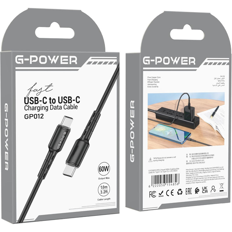 G-Power GP012 Novel USB-C To USB-C Charging Data Cable With Efficient Transfer And Smart Design For Multi Device 1 Meter Length 60 W Max Output - Black