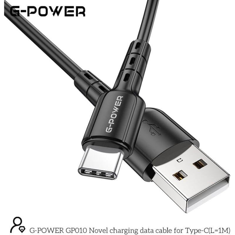 كابل شحن وبيانات USB إلى Type C جديد من G-Power GP010 مع نقل فعال وتصميم ذكي لأجهزة متعددة بطول 1 متر وإخراج أقصى 3.0 أمبير - أسود