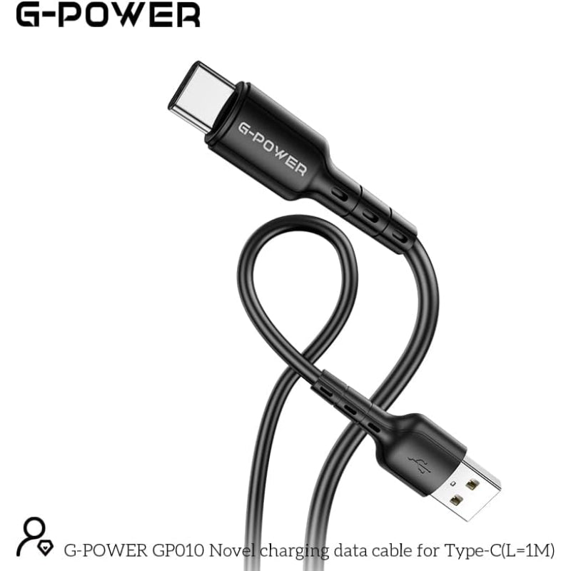 كابل شحن وبيانات USB إلى Type C جديد من G-Power GP010 مع نقل فعال وتصميم ذكي لأجهزة متعددة بطول 1 متر وإخراج أقصى 3.0 أمبير - أسود