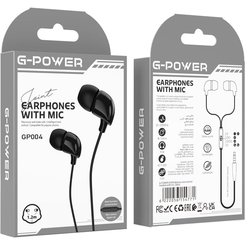 G-Power GP004 Believer Wire Control Headset With Microphone And Multi Function Control Button Amazing To Play Music And Make Calls Compatible For Popular Phones 1.2 M - Black