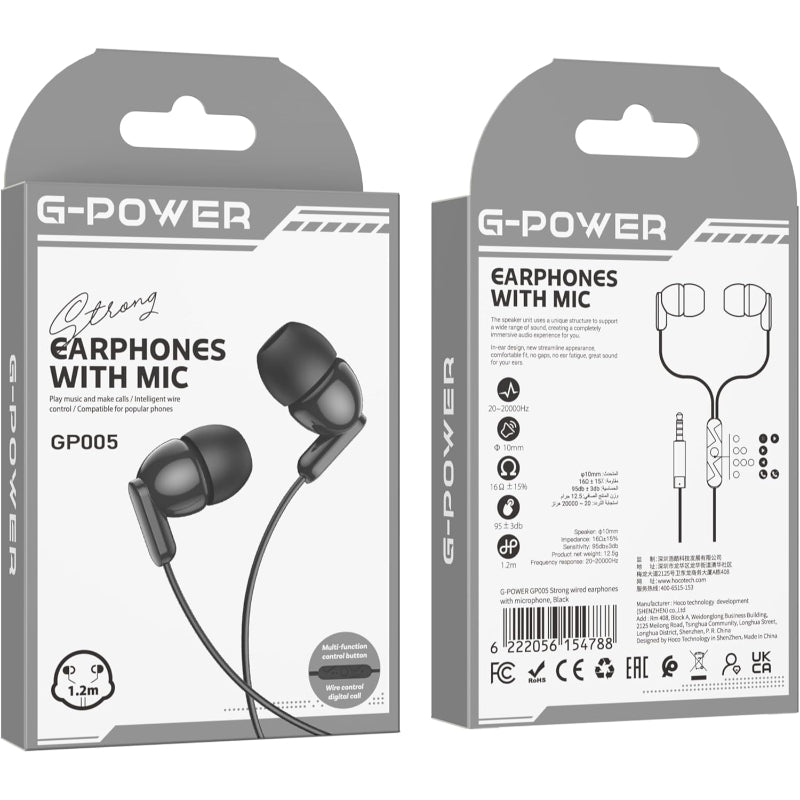 G-Power GP005 Strong Wired Control Earphones With Microphone And Multi Function Control Button Amazing To Play Music And Make Calls Compatible For Popular Phones 1.2 M - Black