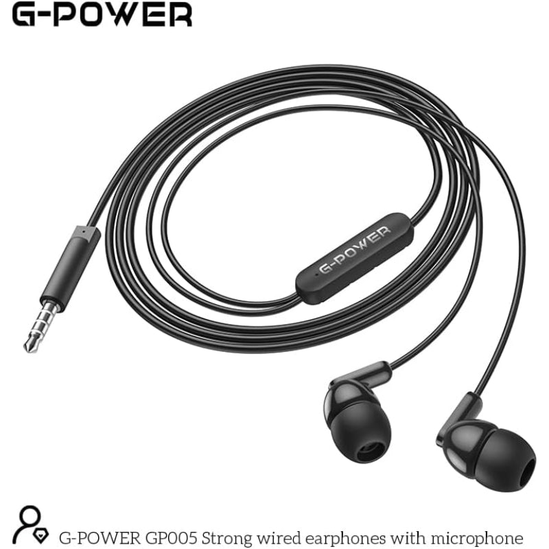 سماعات أذن G-Power GP005 سلكية قوية مع ميكروفون وزر تحكم متعدد الوظائف رائعة لتشغيل الموسيقى وإجراء المكالمات متوافقة مع الهواتف الشائعة 1.2 متر - أسود