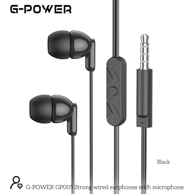 سماعات أذن G-Power GP005 سلكية قوية مع ميكروفون وزر تحكم متعدد الوظائف رائعة لتشغيل الموسيقى وإجراء المكالمات متوافقة مع الهواتف الشائعة 1.2 متر - أسود