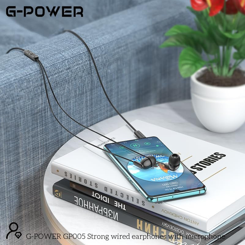 سماعات أذن G-Power GP005 سلكية قوية مع ميكروفون وزر تحكم متعدد الوظائف رائعة لتشغيل الموسيقى وإجراء المكالمات متوافقة مع الهواتف الشائعة 1.2 متر - أسود