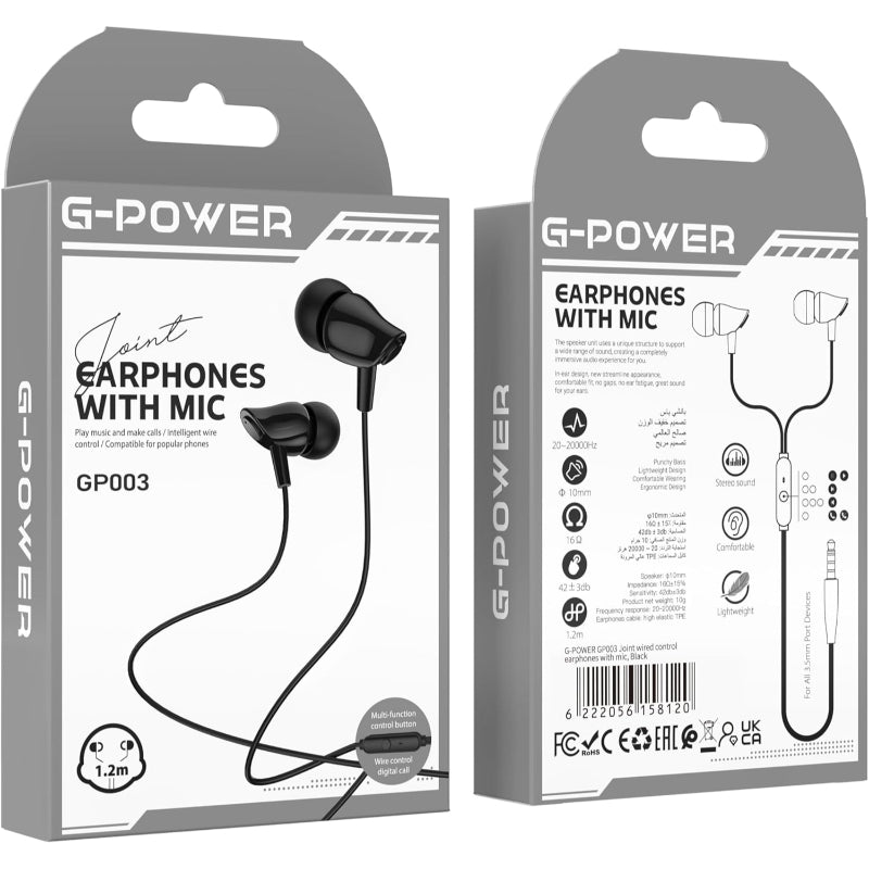 G-Power GP003 Joint Wired Control Earphones With Microphone And Multi Function Control Button Amazing To Play Music And Make Calls Compatible For Popular Phones 1.2 M - Black