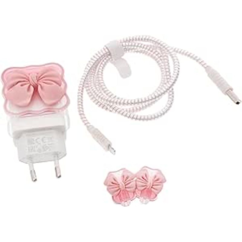 G-Power Hard Silicone Charger Protector And Cable Protector Designed With 3D Cute Bow Shaped Set Of 4 Pieces - Pink