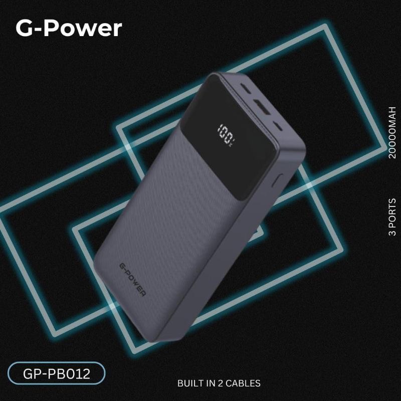 G-Power GP-PB012 Power Bank | 20,000mAh, LED Display, 3 Ports, 2 Built-in Cables, 22.5W Quick Charge - Black
