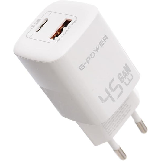 شاحن G-Power GP-C5 ثنائي USB بقوة 45 واط (USB-A وUSB-C) بتقنية Qualcomm Quick Charge 3.0 متوافق مع أجهزة MacBook Pro وiPad وGalaxy وPixel وiPhone والمزيد - أبيض