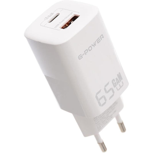 شاحن G-Power GP-C7 65W ثنائي USB (USB-A وUSB-C) بتقنية Qualcomm Quick Charge 3.0 متوافق مع MacBook Pro وiPad وGalaxy وPixel وiPhone والمزيد - أبيض