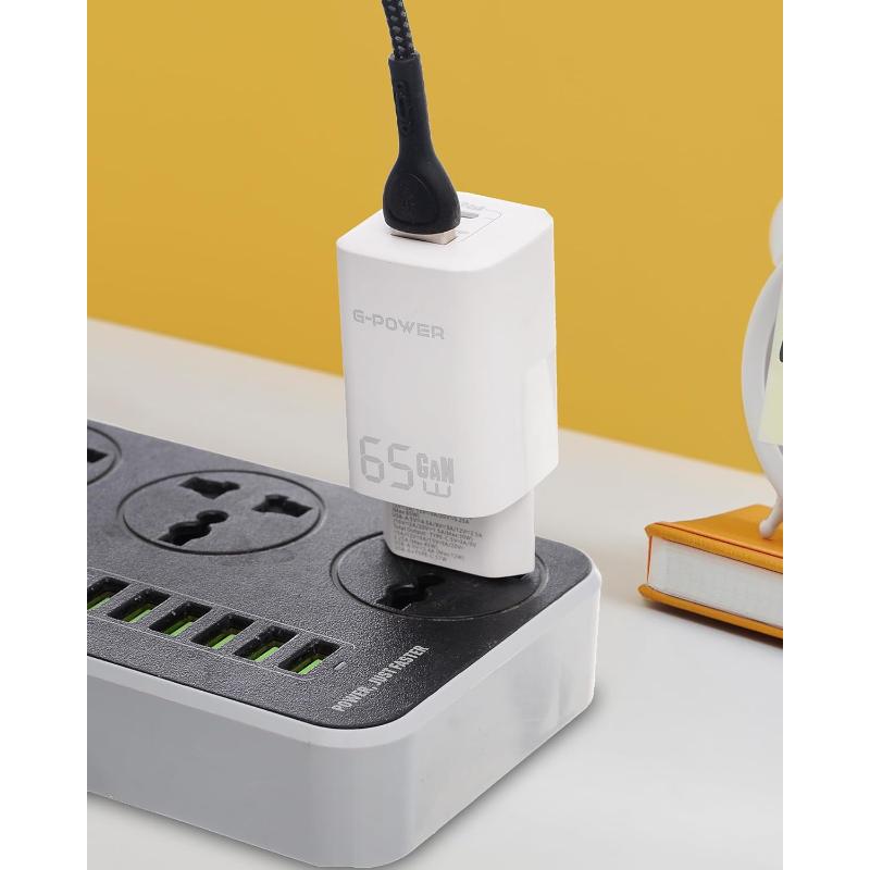 شاحن G-Power GP-C7 ثنائي USB بقوة 65 واط | USB-A وUSB-C، شحن سريع 3.0 - أبيض
