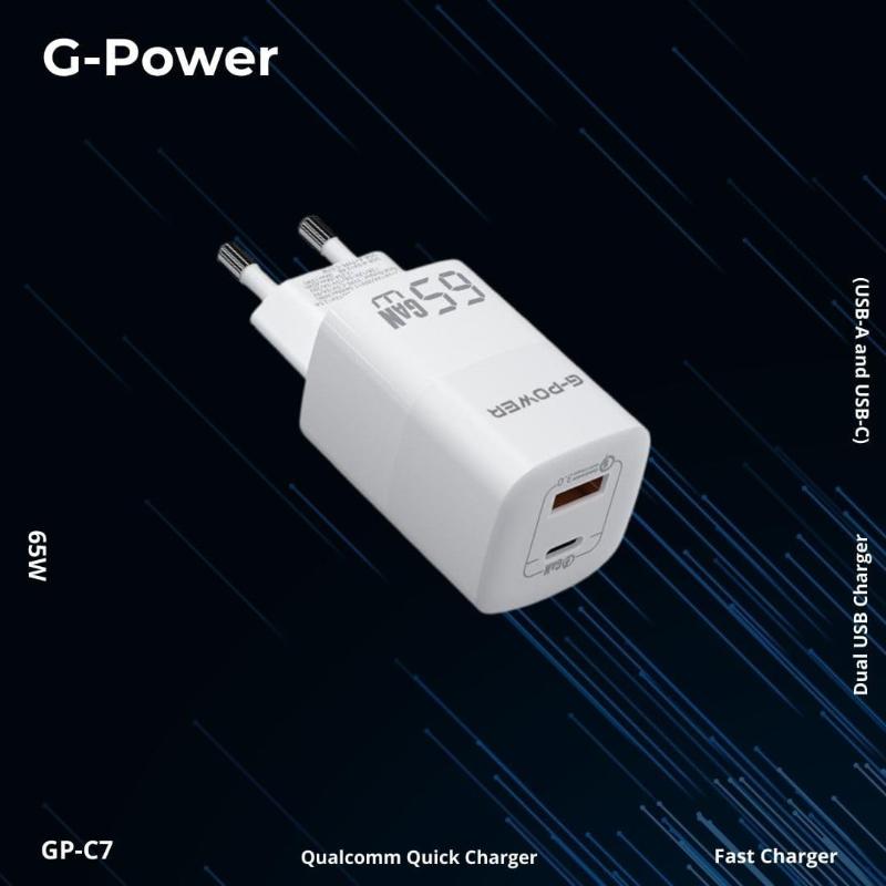 شاحن G-Power GP-C7 ثنائي USB بقوة 65 واط | USB-A وUSB-C، شحن سريع 3.0 - أبيض