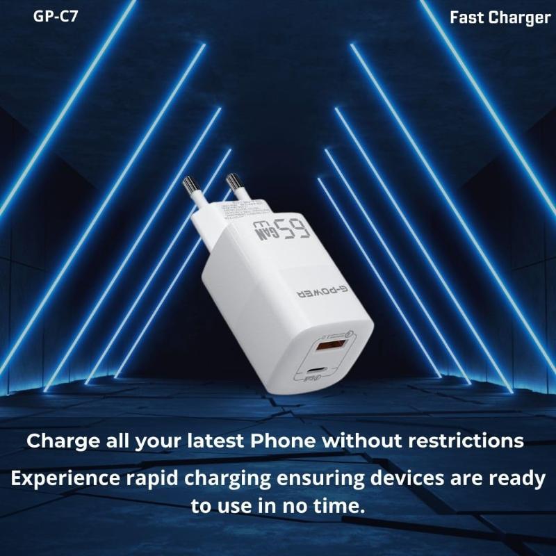 شاحن G-Power GP-C7 ثنائي USB بقوة 65 واط | USB-A وUSB-C، شحن سريع 3.0 - أبيض