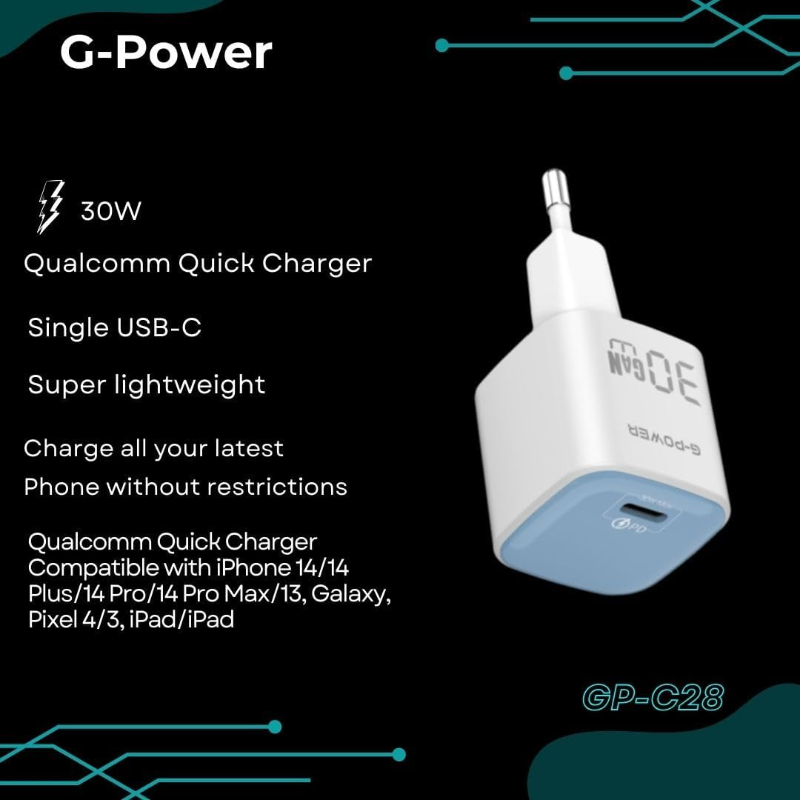 شاحن سريع G-Power GP-C28 بمنفذ USB-C من كوالكوم بقوة 30 واط - أزرق