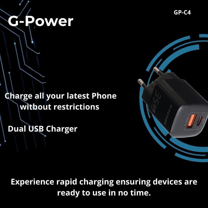 شاحن G-Power GP-C4 ثنائي USB بقوة 35 واط | USB-A وUSB-C، شحن سريع 3.0 - أسود