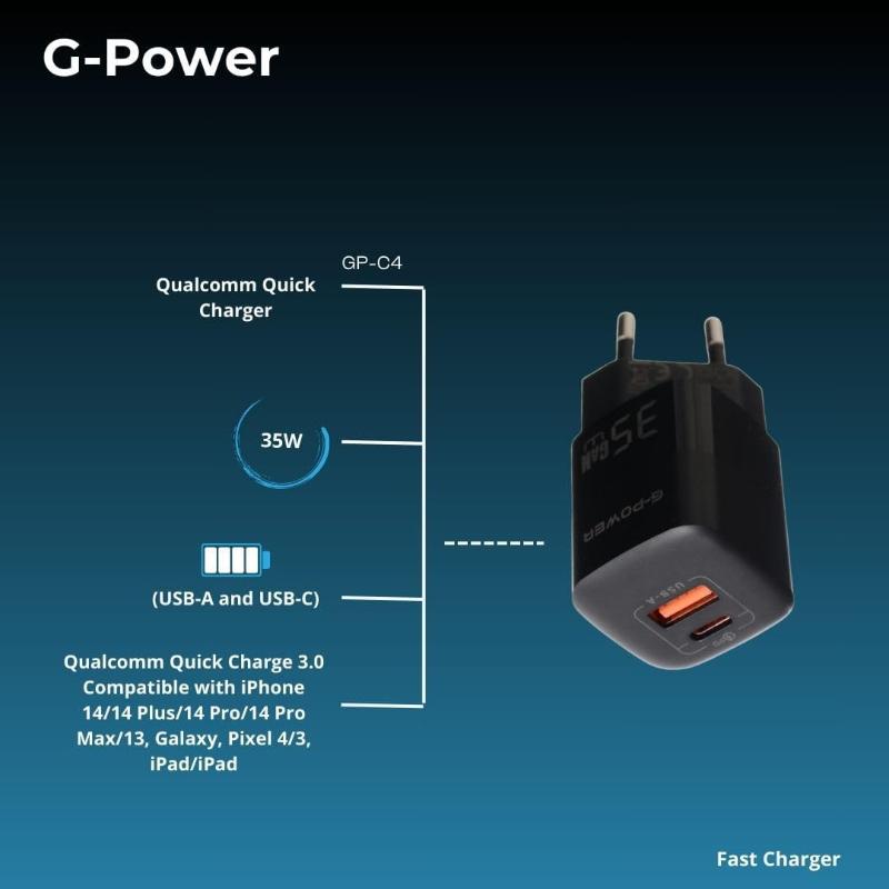 شاحن G-Power GP-C4 ثنائي USB بقوة 35 واط | USB-A وUSB-C، شحن سريع 3.0 - أسود