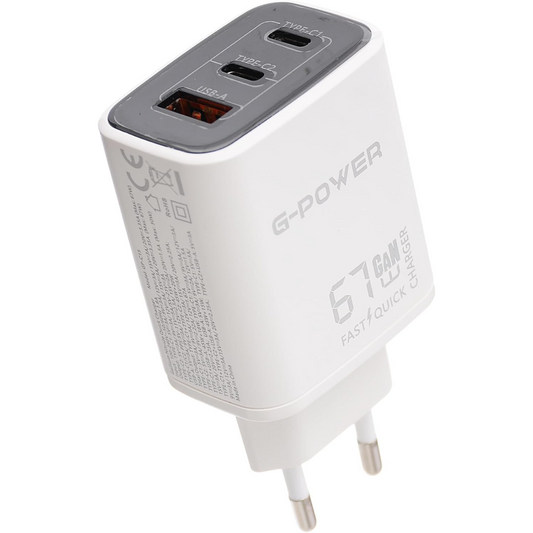 G-Power GP-C15 67W 3-Port Charger | USB-A & 2 USB-C, Quick Charge 3.0 - White