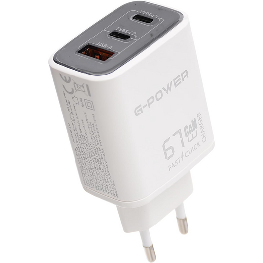 شاحن G-Power GP-C15 بقوة 67 واط بثلاثة منافذ (USB-A و2USB-C) بتقنية Qualcomm Quick Charge 3.0 متوافق مع أجهزة MacBook Pro وiPad وGalaxy وPixel وiPhone والمزيد - أبيض