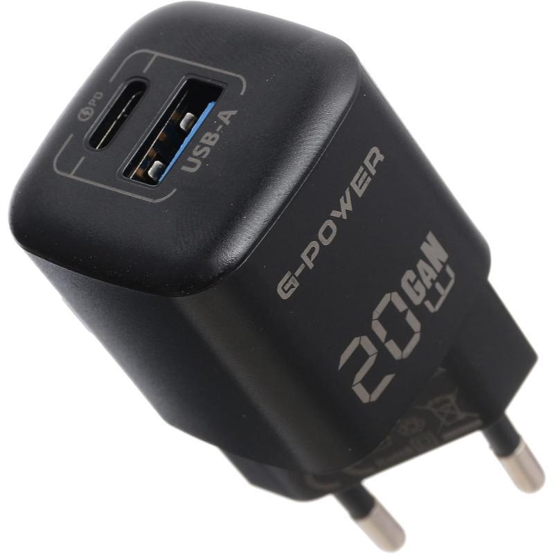 شاحن G-Power GP-C2 20W ثنائي USB (USB-A وUSB-C) بتقنية Qualcomm Quick Charge 3.0 متوافق مع iPhone 14/14 Plus/14 Pro/14 Pro Max/13، Galaxy، Pixel 4/3، iPad/iPad - أسود