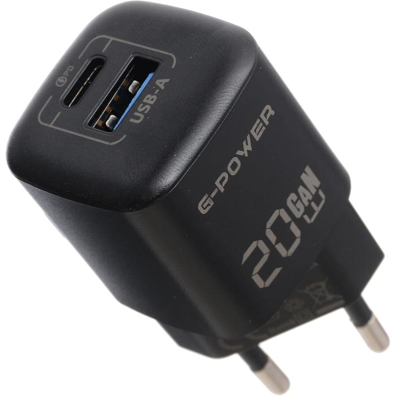 G-Power GP-C2 20W Dual USB Charger | USB-A & USB-C, Quick Charge 3.0 - Black
