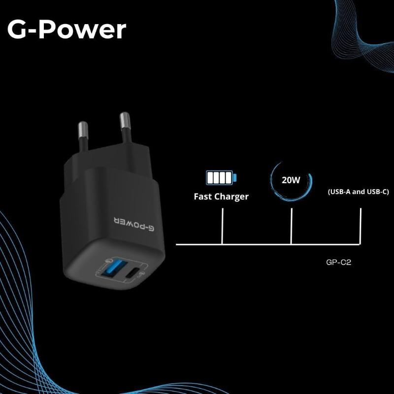 G-Power GP-C2 20W Dual USB Charger | USB-A & USB-C, Quick Charge 3.0 - Black