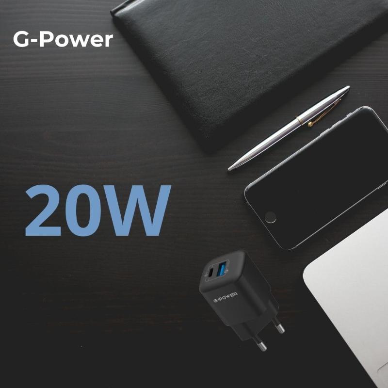 G-Power GP-C2 20W Dual USB Charger | USB-A & USB-C, Quick Charge 3.0 - Black