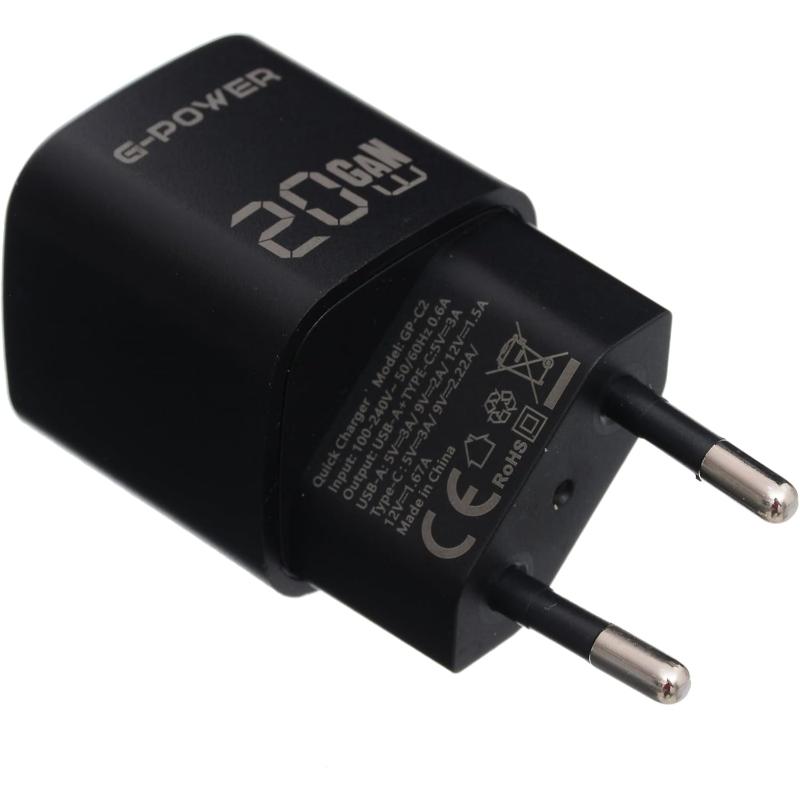 G-Power GP-C2 20W Dual USB Charger | USB-A & USB-C, Quick Charge 3.0 - Black